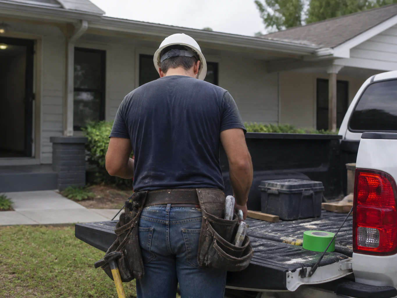 A contractor in a hard hat and tool belt loading his truck outside the house he is working on