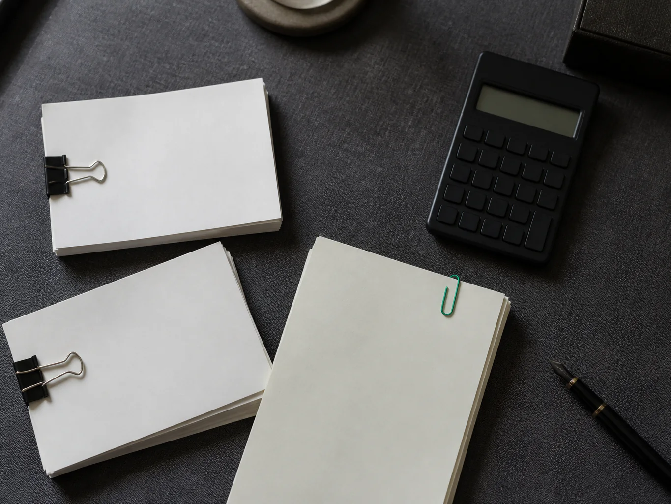 Blank bank statements clipped into stacks on a desk next to a calculator, the kind of paperwork a bank statement loan is built around