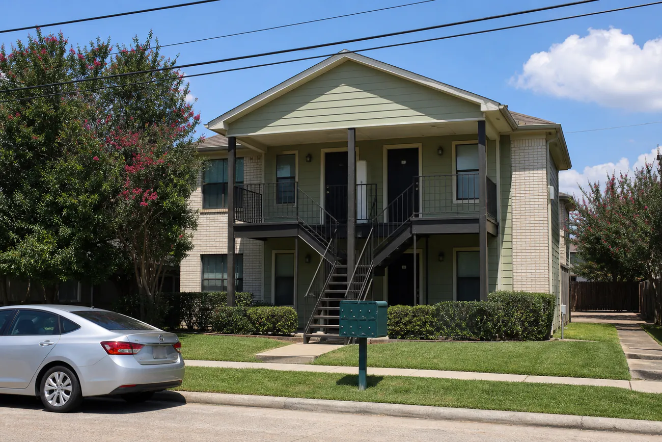 A two story fourplex on a quiet Houston street with a shared mailbox stand out front