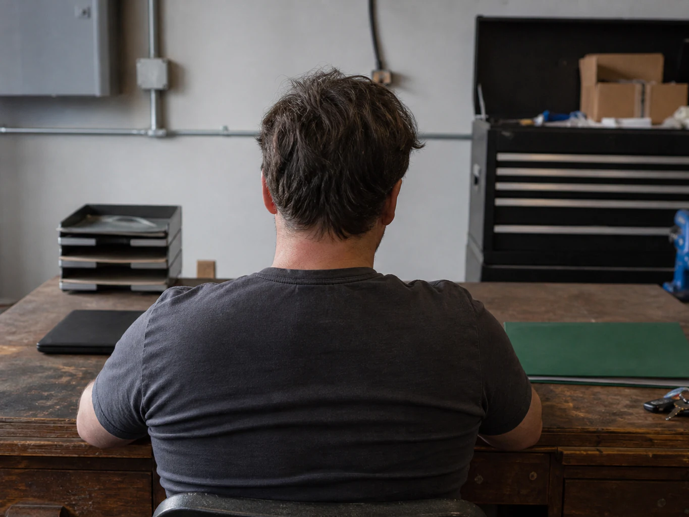 A self-employed business owner sitting at his workbench desk with a laptop and a folder of paperwork, thinking through what to do after a mortgage denial