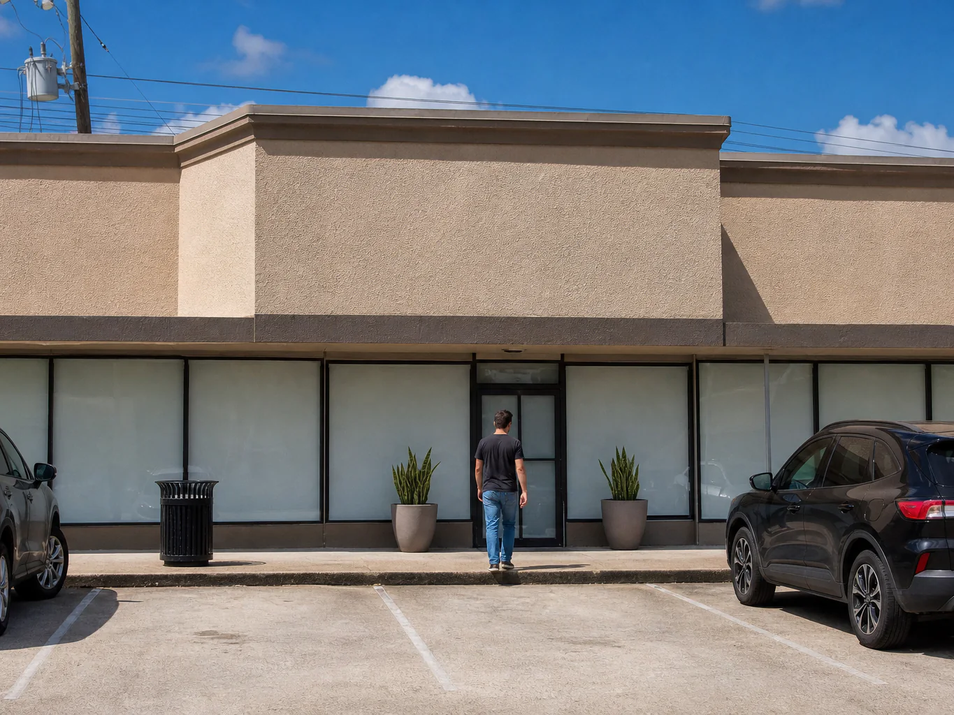 A business owner walking up to the front door of his shop in a Houston strip center